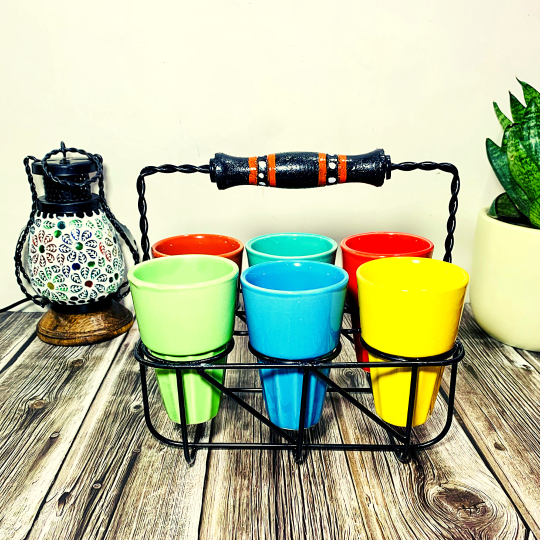 Homefrills Handmade Stylish Multicolour Tapri Style Ceramic Tea Cups/ Cutting Chai Glasses with Serving Stand Set of 6 with Serving Stand
